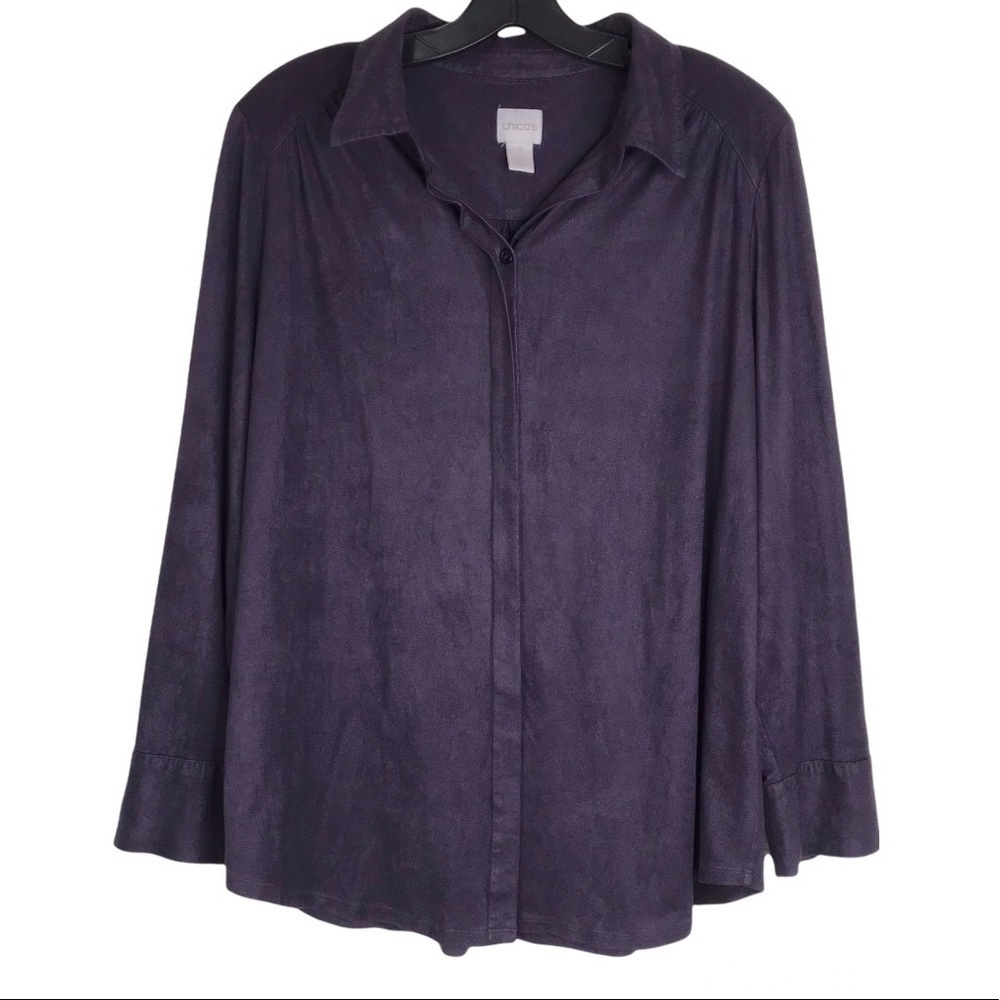 Chico’s Faux Flowy Suede Plum Blouse Long Sleeve Button Down Purple Shirt LARGE